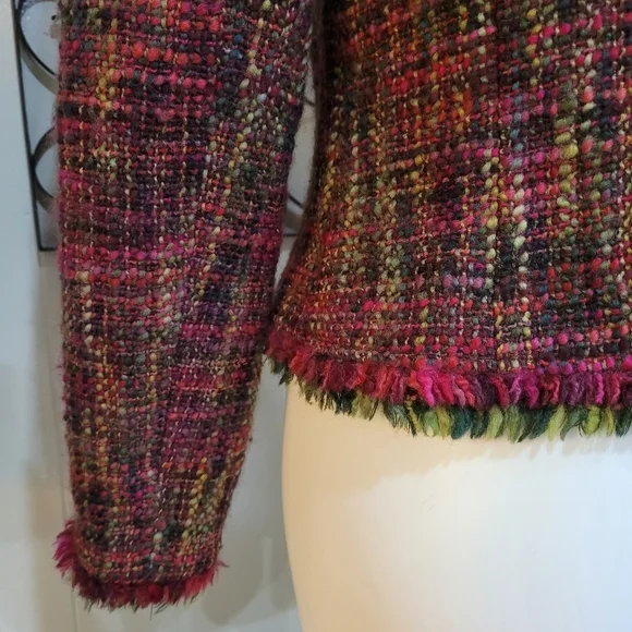 Floral Plaid Wool Blend Women's Blazer Size10 Fringe Classic Jacket - Picture 11 of 15